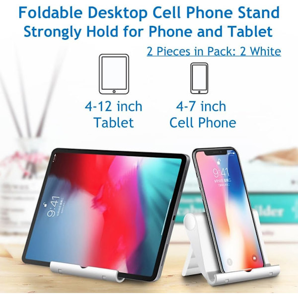 Mobiltelefonholder til skrivebord 2-pak Mobiltelefonholdere Desktop Tablet Stand, Foldbar telefonholder Universal justerbar Tablet Stand til skrivebord White 2 PCS