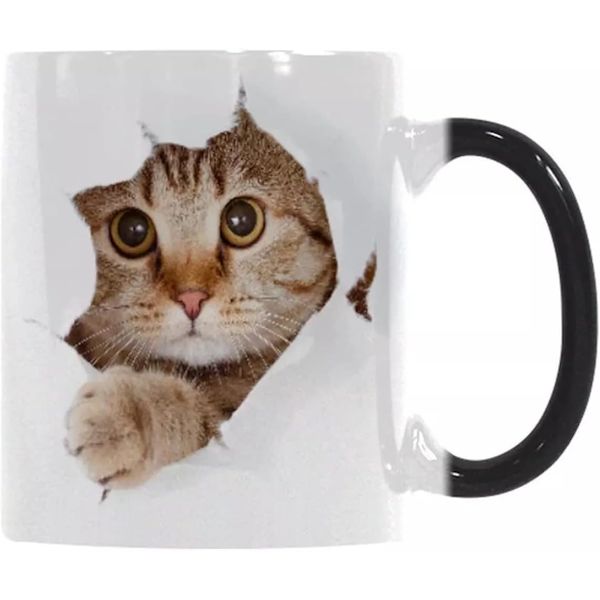 Värmefärgskiftande mugg, WmanCok 11 oz magisk keramisk kopp för kaffe te mjölk, kattbild avslöjas när varm vätska tillsätts