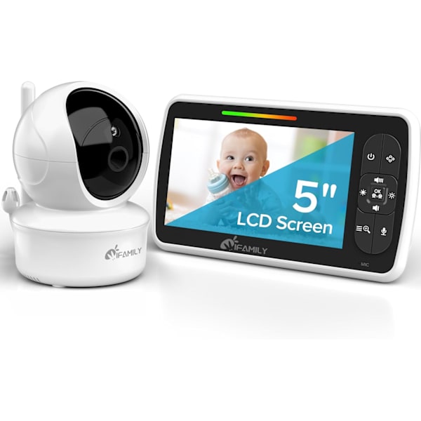 Babyalarm - Stor 5\" skærm med 30 timers batterilevetid - Fjernbetjent panorering-tilt-zoom; Ingen WiFi, tovejs lyd, nattesyn, temperatur, vuggeviser, 960ft Lo