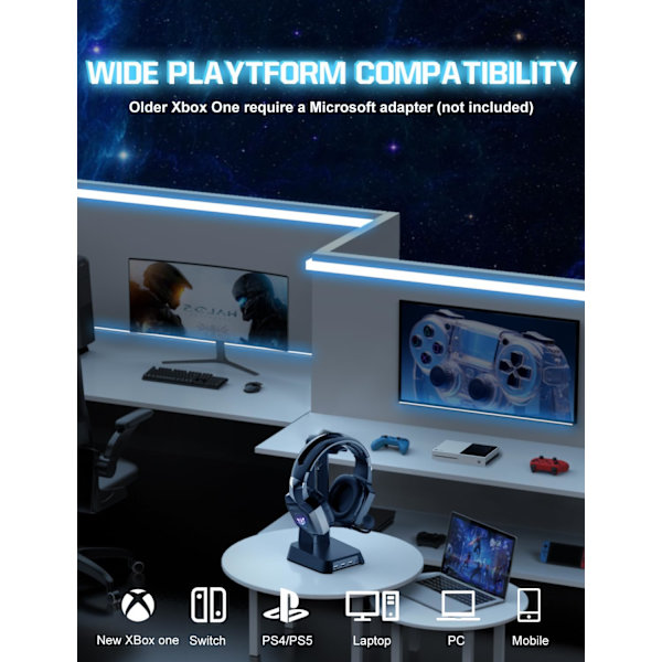 Gamingheadset med mikrofon, spelheadset kompatibelt med PS4 PS5 Xbox PC med RGB-lampor, Playstation-headset med brusreducering 7.1 Surro Black