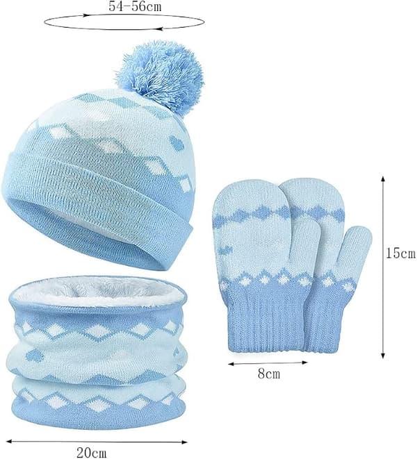 3-delad varm vinterdräkt för barn - unisex-vänlig mössa utan kant, halsduk och handskar, ullfoder, lämplig för 2-4 år blue