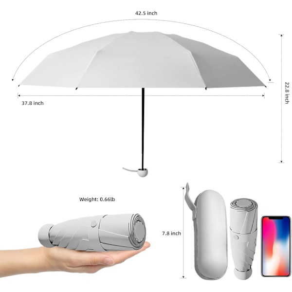 Reiseparaply - Mini sammenleggbar kompakt paraply med etui, 8 ribber lett bærbar paraply, liten sol- og regnparaply for jenter og kvinner Grey