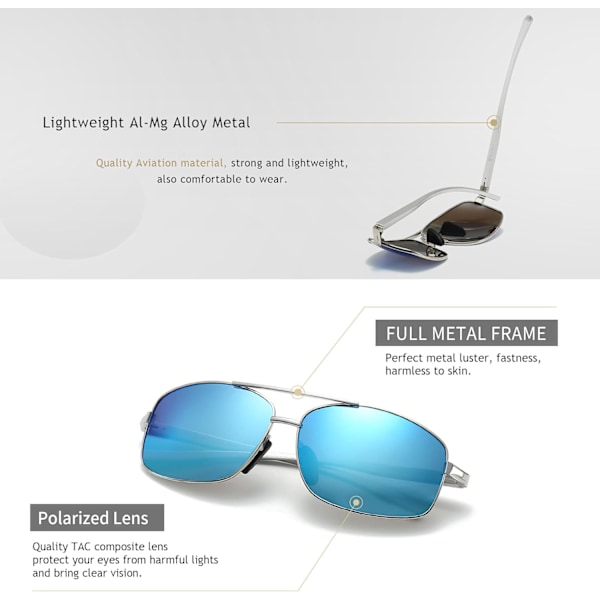 Ultralätta rektangulära polariserade solglasögon UV400-skydd Silver Frame Blue