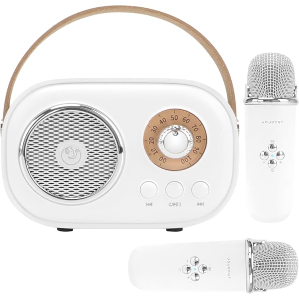Vit minikaraokemaskin för barn, bärbar Bluetooth-högtalare med 2 trådlösa mikrofoner, retrohögtalarset stereoljud förbättrat