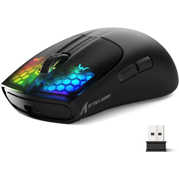 Trådlös Spelmus med Tri-lägen BT 5.1/2.4Ghz/USB-C, Lätt 49g, PAW3212 Optisk Sensor, Uppladdningsbart Batteri, RGB LED Bikake Mus Black