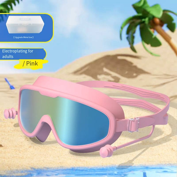Vuxen Stora Ram Simglasögon Vattentäta Anti-fog HD Simglasögon En-delad Öronpropp Silikon Barn Simglasögon Pink[Plating]-Boxed Adult