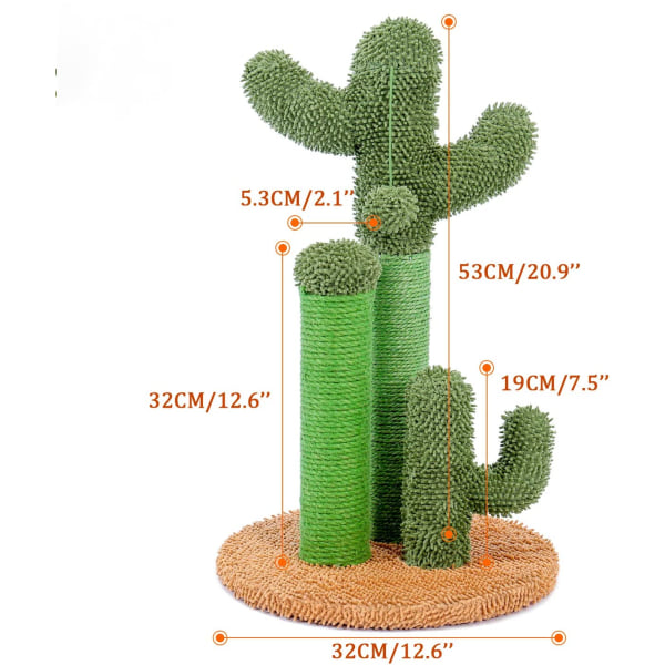 Kaktus-muotoinen kissan raapimispuu, jossa on 3 raapimispylvästä ja interaktiivinen roikkuva pallo