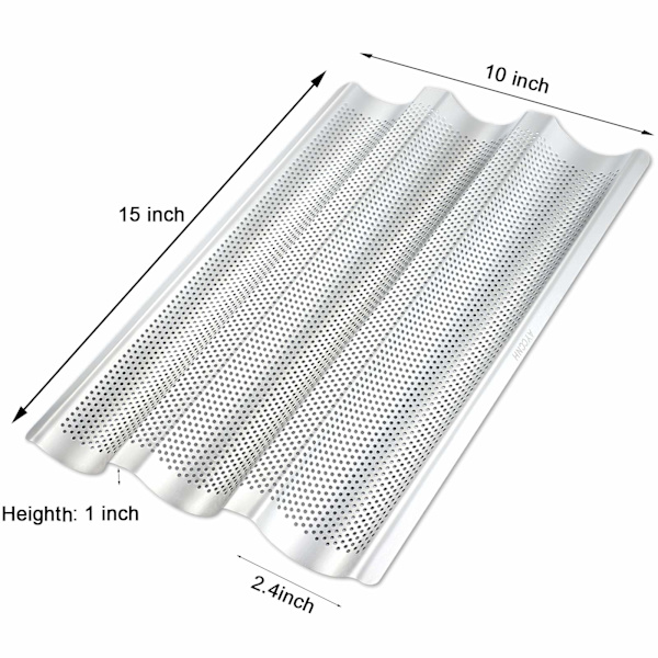 Perforeret fransk baguette-bageplade, 38x25 cm 3-bølget bageplade til ovn, rustfrit stålbageplade, 2-pak 2-Pack