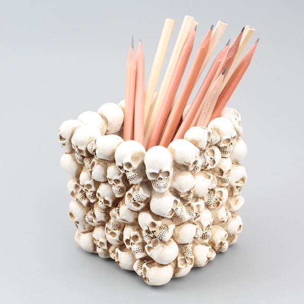 Kraniet Pen Blyantholder Kop Resin Skelet Makeup Penselholder Dressing Bord Kontor Skrivebord Opbevaringsboks