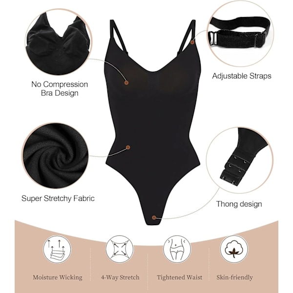 Kvinners Shapewear Body Suit Tummy Control Body Shaper Sømløs Skulptur Snatched Waist Body Suit Black Thong XXL