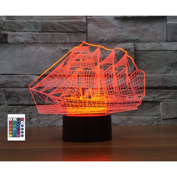 3D Sejlbåd Fjernbetjening 16 Farve Natlys Illusion Akryl LED Bord Natlampe Børneværelse Skrivebords Dekoration Fødselsdagsgaver Legetøj til Børn