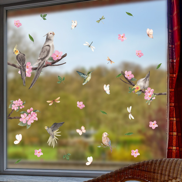 Rosa blommor fönsterdekaler,Blosom Tree Branch Väggdekaler Akvarell Fåglar Väggdekal,Väggdekaler för flickrum