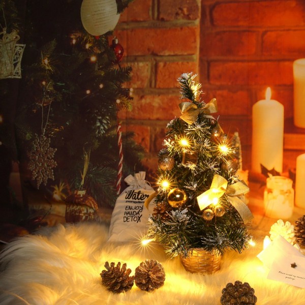Liten julgran med ljus, Mini skrivbordsdekorationsträd för hemmakontor Shopping Bar (guld)