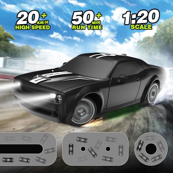 RC Driftbil 2.4GHz 1:20 Skala 4WD 20KM/H Højhastigheds Fjernstyret Bil med LED-lys Driftdæk 2 stk. Genopladelige Batterier Legetøjsbiler Black