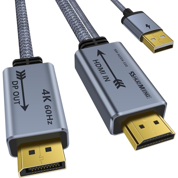 HDMI til Displayport-adapter 4K@60Hz, 2K@120Hz, 1080P@165Hz, HDMI hannkilde til DisplayPort hannmonitor-kabel, 1m/3,3ft