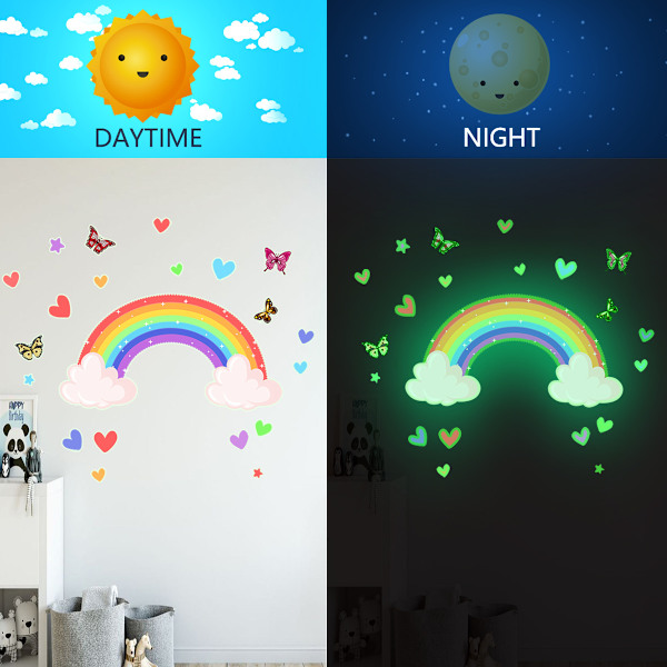Glow in the Dark Rainbow Väggdekaler, Luminous Rainbow Fjärilar Väggkonst Dekaler, för Little Girl Nursery Tillbehör