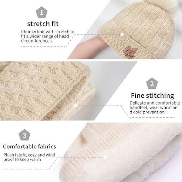 Dametøj Beanie Hat med Pom Pom Fleeceforet Vinterhat Blød Varmt Sød Skull Beanie Hat til Koldt Vejr