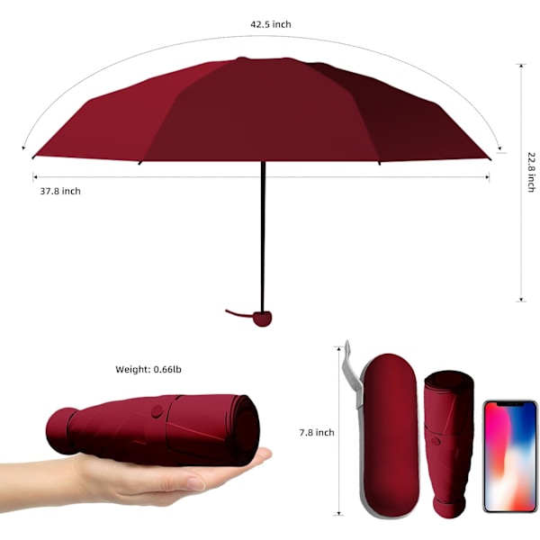 Resparaply - Mini hopfällbart kompakt paraply med fodral, 8 ribbor lätt bärbart paraply, litet sol- och regnfickparaply för flickor och kvinnor Wine Red