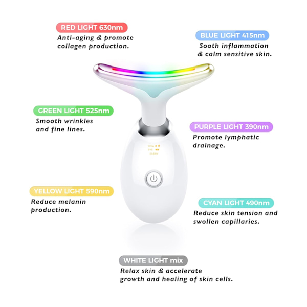 Röd Ljus Terapi för Ansikte och Hals, Röd Ljus Terapi Wand, 7 Färg Led Ansikte Hals Massager för Hudvård, Vit