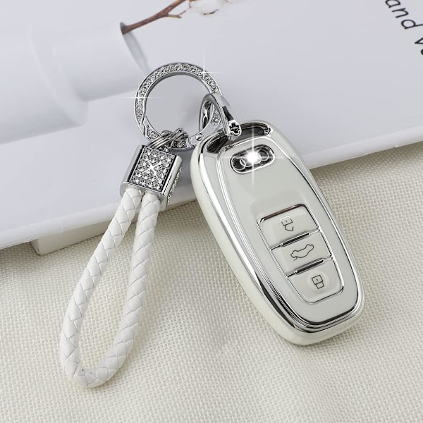 PIFOOG Nyckelringsskydd för Audi 4 knappar TPU Mjukt Nyckelfodral Skal Bling Nyckelring Biltillbehör för Audi Girly Kvinnor Vit Silver