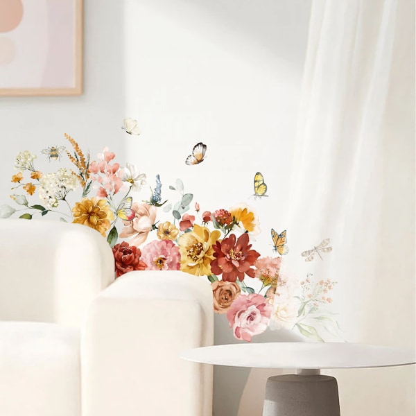Akvarell Blommiga väggdekaler Trädgårdsblomma Fjärilsskal och stick Väggdekaler för sovrum Vardagsrum TV-vägg