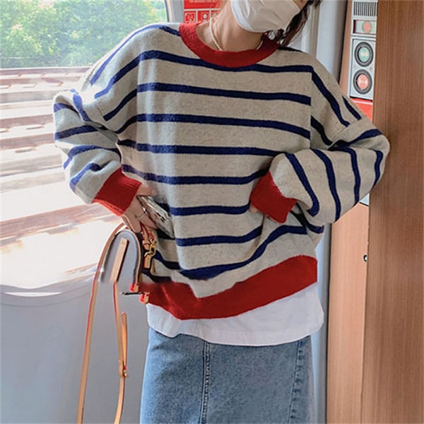 Dam tröja med rund hals, lång ärm, färgblock, stickad tröja, casual pullover