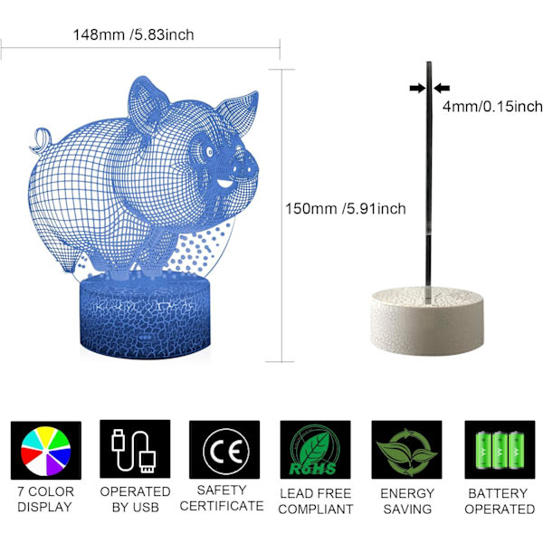 3D Illusion Sød Smilende Gris Natlampe 16 Farveskift Berøringshvid Revnet Base Børneværelses Dekoration Belysning