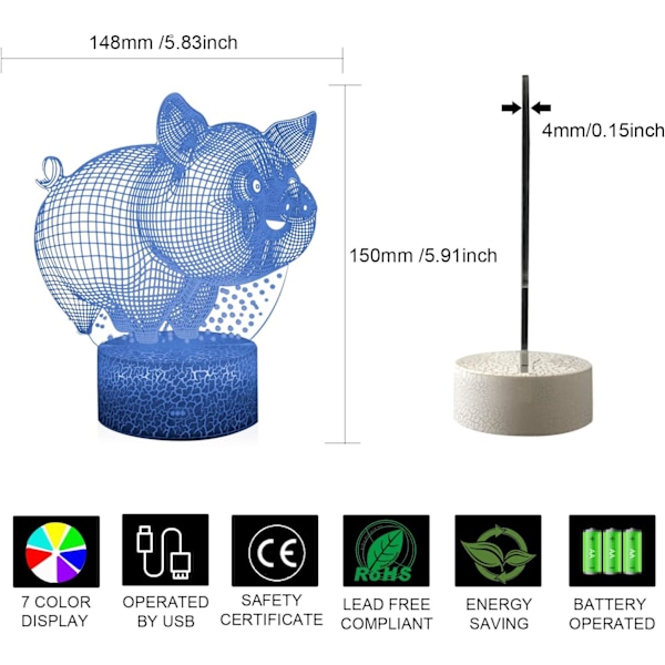 3D Illusions Nattlampe Søt Smilende Gris 16 Fargeendring Berøringshvit Sprekkbase Barnerom Innredning Belysning