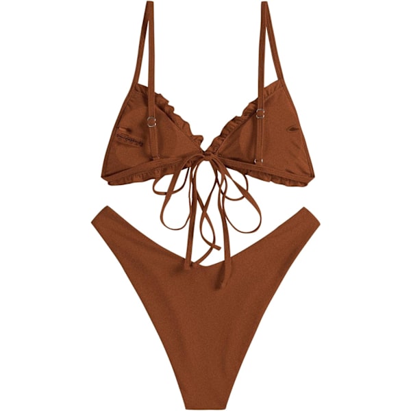 WJSM Kvinde Trekantet Bikini Floral Ruffles Sløjfe Binde Bikini Sæt Todelt Badetøj B-brown M