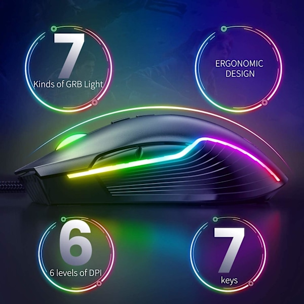 RGB Spelmus Trådbunden, USB Optisk Datormus med RGB Bakgrundsbelysning, 6 Justerbara DPI Upp till 6400, med 7 Programmerbara Knappar Black