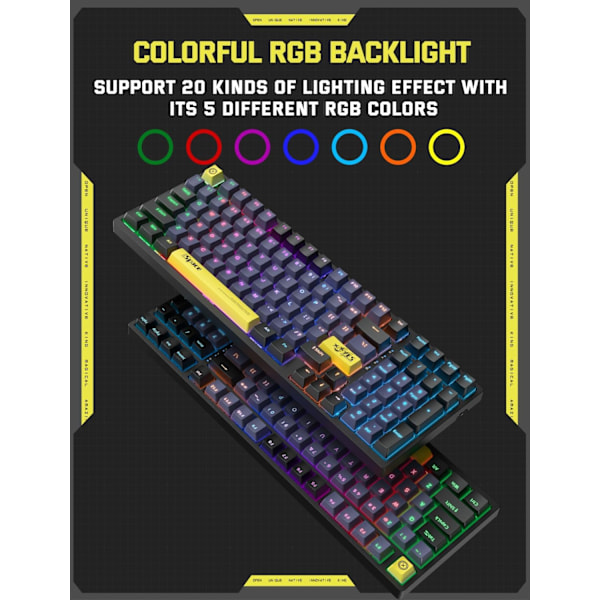 80% Mekaniskt Speltangentbord, 98 Tangenter Kompakt, Mjuk Taktil Brun Switch, Regnbågs-LED Bakgrundsbelyst Tangentbord, Trådbundet Datortangentbord