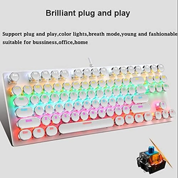Mekanisk Gaming Tastatur, 87 Taster Retro Punk Skrivemaskine-Stil, Blå Switch Regnbue Baggrundsbelyst Tastatur, Anti-Ghosting, USB Kabelforbundet white