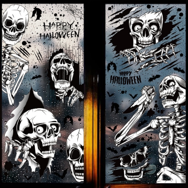 Halloween Fönsterdekaler Dekaler Läskiga Halloween Fönsterdekorationer för Glasfönster, Dubbelsidiga Handritade 3D Halloween Skelett Fönsterdekaler för P