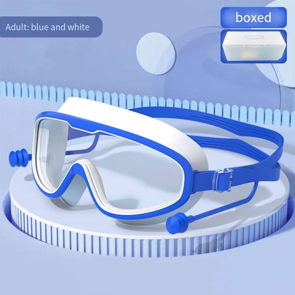 Aikuisten suuret kehykselliset uimalasit, vedenpitävät, sumunesto, HD-uimalasit, yksikappaleiset korvatulpat, silikonista valmistetut lasten uimalasit Blue white-boxed for adults