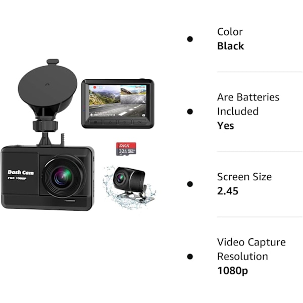 Dash Cam for og bag, Mini Dash Cam 1080P Full HD med 32 GB SD-kort, 2,45 tommer IPS-skærm, 2 monteringsmuligheder, nattesyn, WDR, ulykkeslås, Loo