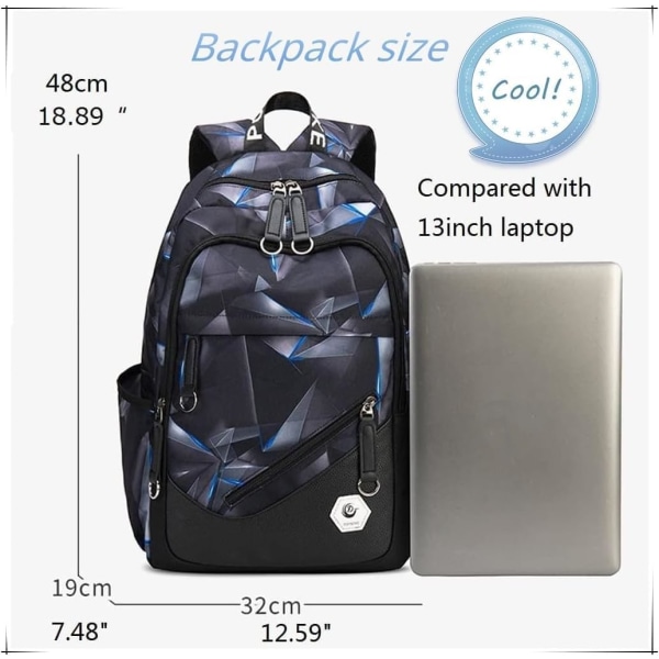 Skolryggsäck för tonårspojkar Laptop Bookbag Barn Skolväska för grundskolan Black+blue Style B-No USB Port