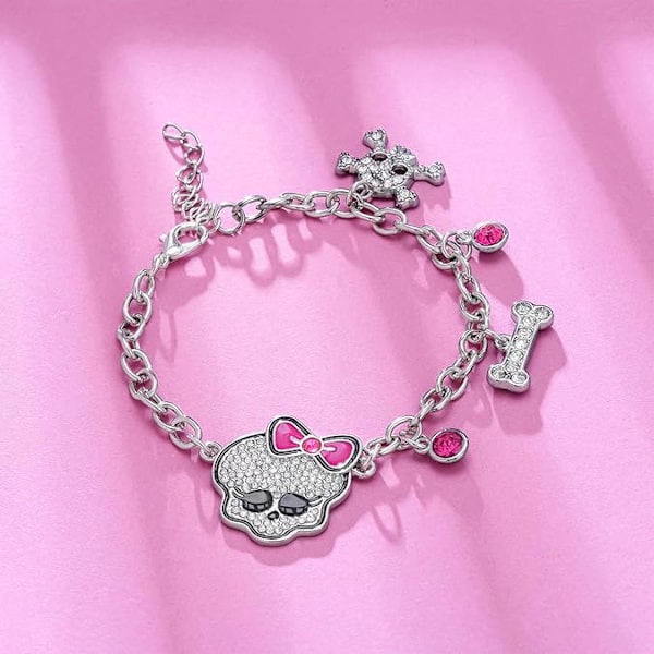 Y2K Skalle Armband för Kvinnor y2k Rosa Skalle Armband Rhinestone Skelett Länkkedja Armband Halloween Smycken