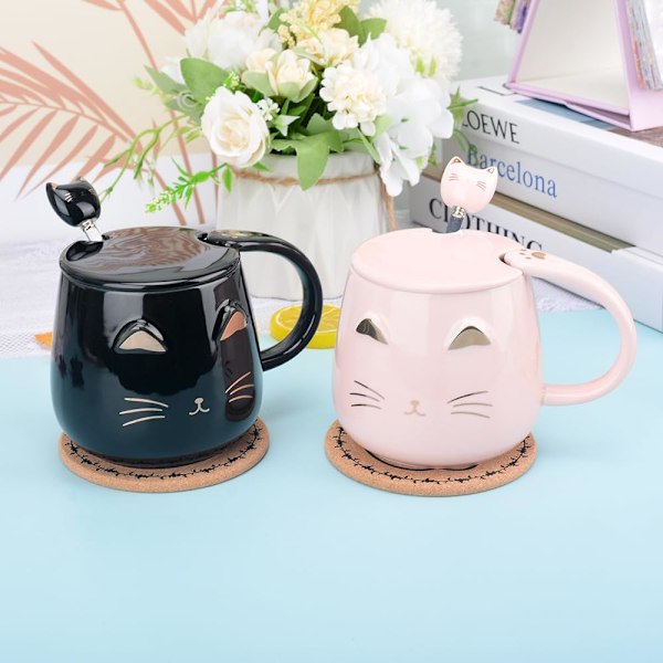Pink Keramik Kaffeekop med Sød Kat Håndlavet Tekop med Rustfrit Stål Ske Kitty Kop Unik Fødselsdag til Piger Kvinder