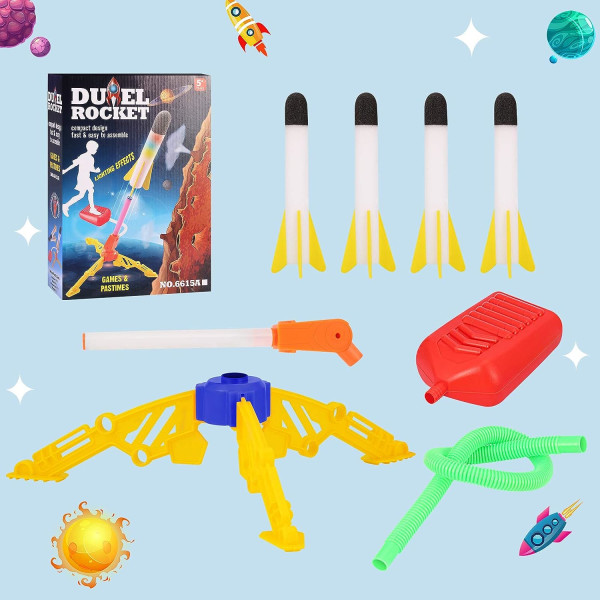 Toy Rocket Launcher för barn - 4 färgglada skumraketer - Skjut upp till 120 fot och robust avfyrningsstativ med fotavfyrningsplatta - Rolig utomhusleksak för barn
