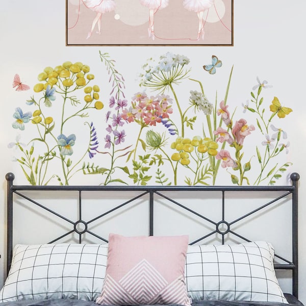 Färgglada blommor väggdekaler, skala och sticka växter Blomgräs fjäril väggdekaler, DIY avtagbara väggkonst dekaler dekor