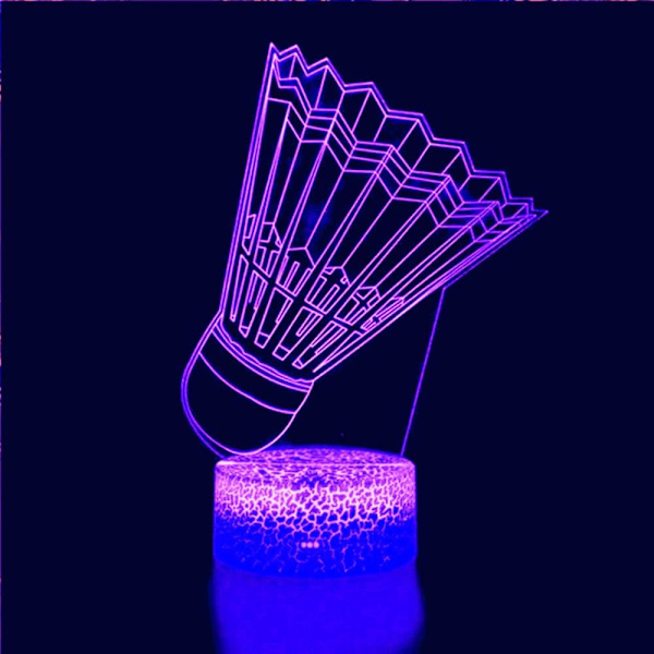 3D Badminton Natlampe Illusion 7 Farveskiftende Berøringskontakt Bordskrive Dekorationslamper Gave med Akryl Flad ABS Base USB Kabel Legetøj