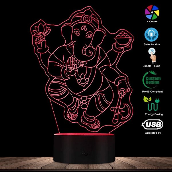 3D Ganesha Elefant Hindu Lys Kunst Bordlampe Ganesha Hindu Gud LED Natlys Spirituel Ganapati Religiøs Elefant Dekorativ Lys Lampe