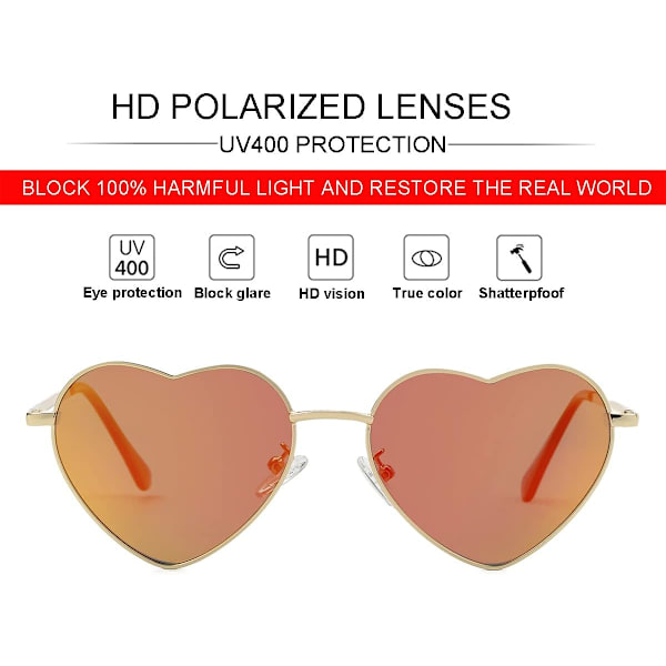 Polariserte hjerteformede solbriller for kvinner, mote, stilig stil, metallramme, UV400-beskyttelseslinse Gold Red Mirror 54 Millimeters