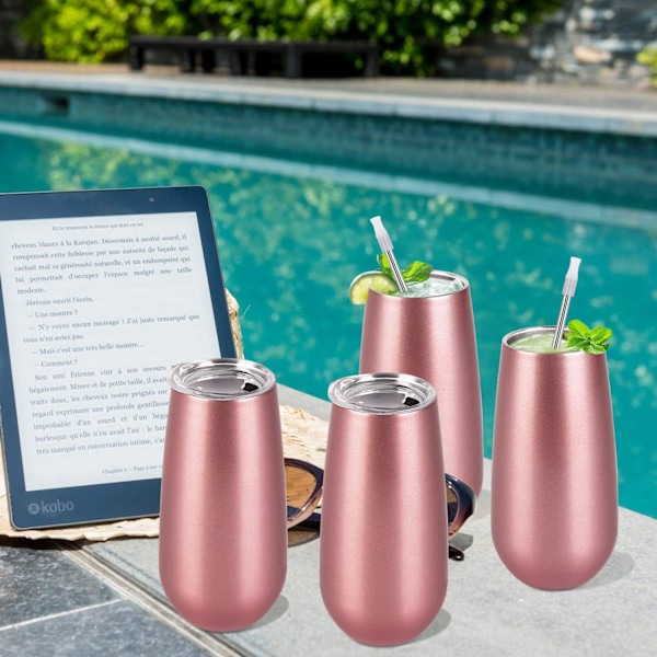 4-pack dubbelisolerat champagneglas med lock, 6 oz okrossbara återanvändbara cocktailglas Rose Gold