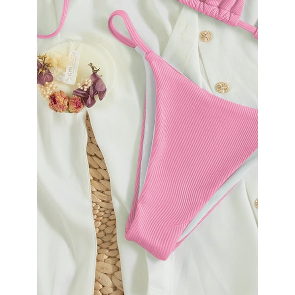 WJSM Kvinners Halterneck Tie Side Triangle Bikini Set Høy Snit 2 Delers Bikini Badetøy Pink Color XL