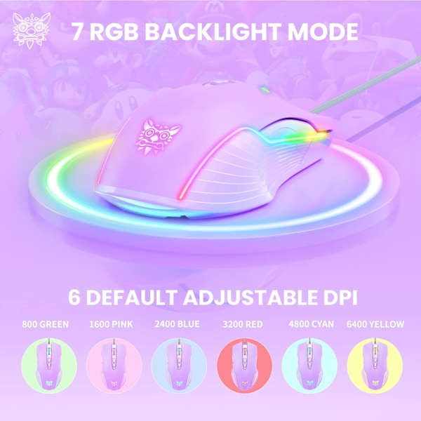 RGB Spelmus Trådbunden, USB Optisk Datormus med RGB Bakgrundsbelysning, 6 Justerbara DPI Upp till 6400, med 7 Programmerbara Knappar Lilac