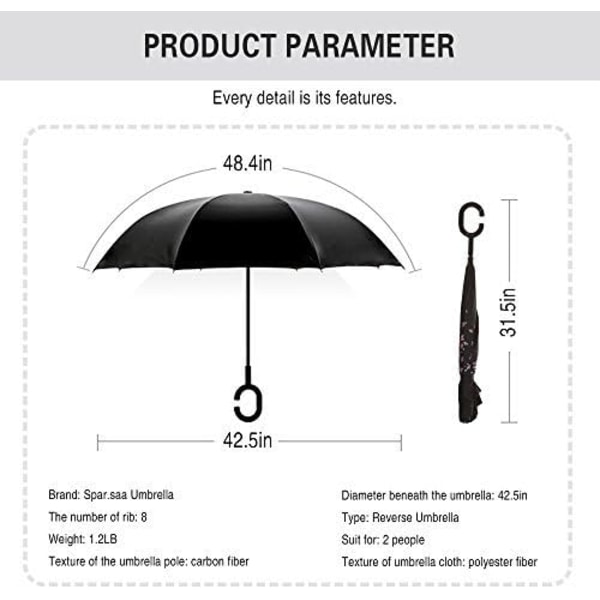 49 tommers omvendt paraply med dobbelt lag og vindtett, vanntett stangparaply med C-formet håndtak. Sakura 49 Inch