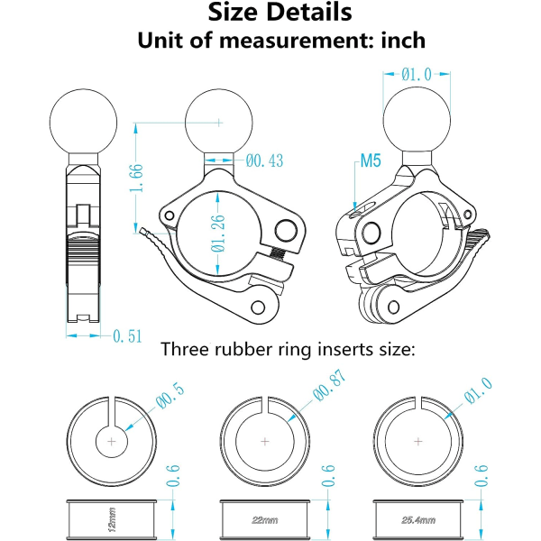 Aluminiumlegering 1'' Ball Mount Passer til Styrer 0,5'' til 1,26'' i Diameter, Verktøyfri Installasjon Styre Ball Mount Kompatibel med RAM Mounts 1 Tomme