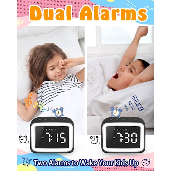Barnväckarklocka med Bluetooth-högtalare för sovrum, Ok to Wake-väckarklocka för barn med dimbart nattljus, digital klocka med dubbla alarm, snooze red