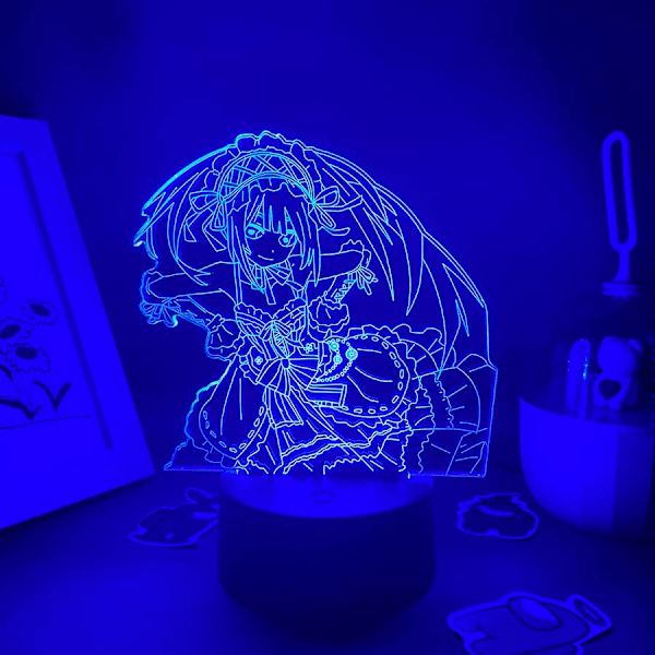 Anime Date A Live Figur Tokisaki Kurumi 3D Hologram Lampe USB Natlampe LED Illusion Lampe Fjernbetjening+Berøringsbordlampe Julegave (Sort Base)